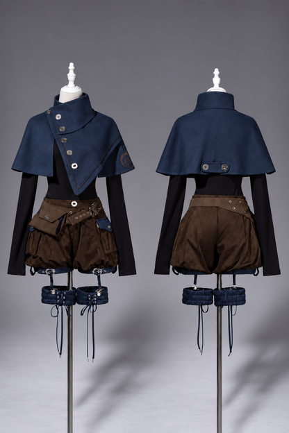【10月6日予約締切】Dark Navy X Brown Prince Lolita Asymmetrical Cape + Black Knit Top + Leg Ring Shorts + Belt With Pockets + Scarf Ouji Fashion