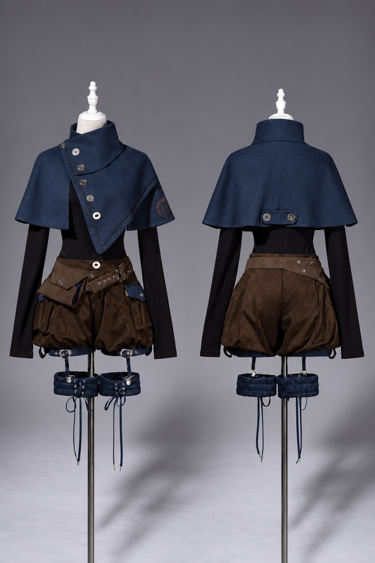 【10月6日予約締切】Dark Navy X Brown Prince Lolita Asymmetrical Cape + Black Knit Top + Leg Ring Shorts + Belt With Pockets + Scarf Ouji Fashion