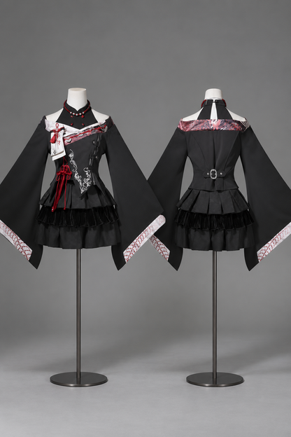 【10月7日予約締切】Black and Red Chinese Dark Gothic Lolita Wide Sleeve Asymmetrical Hem Top + Layered Ruffle Skirt + Necklace + Full Set