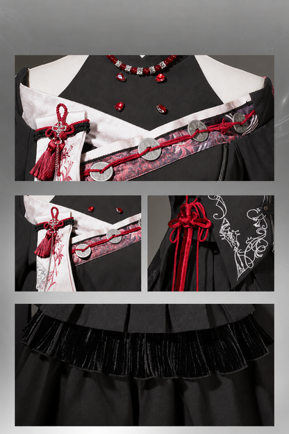 【10月7日予約締切】Black and Red Chinese Dark Gothic Lolita Wide Sleeve Asymmetrical Hem Top + Layered Ruffle Skirt + Necklace + Full Set