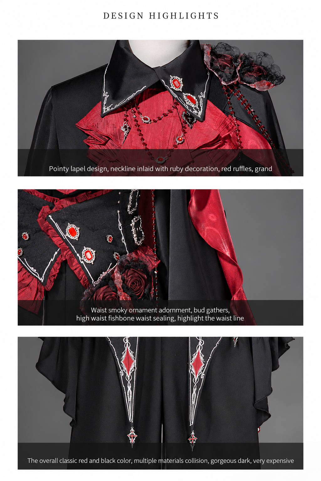 【10月8日予約締切】Ouji Fashion Black Red Gothic Ruffle Prince Lolita Full Set(Jewel Chain Ruffle Jabot Shirt + Rose Accessory Gothic Embroidered Corset Belt + Black Wide-Leg Pants + Rose Beaded One-Shoulder Cape)