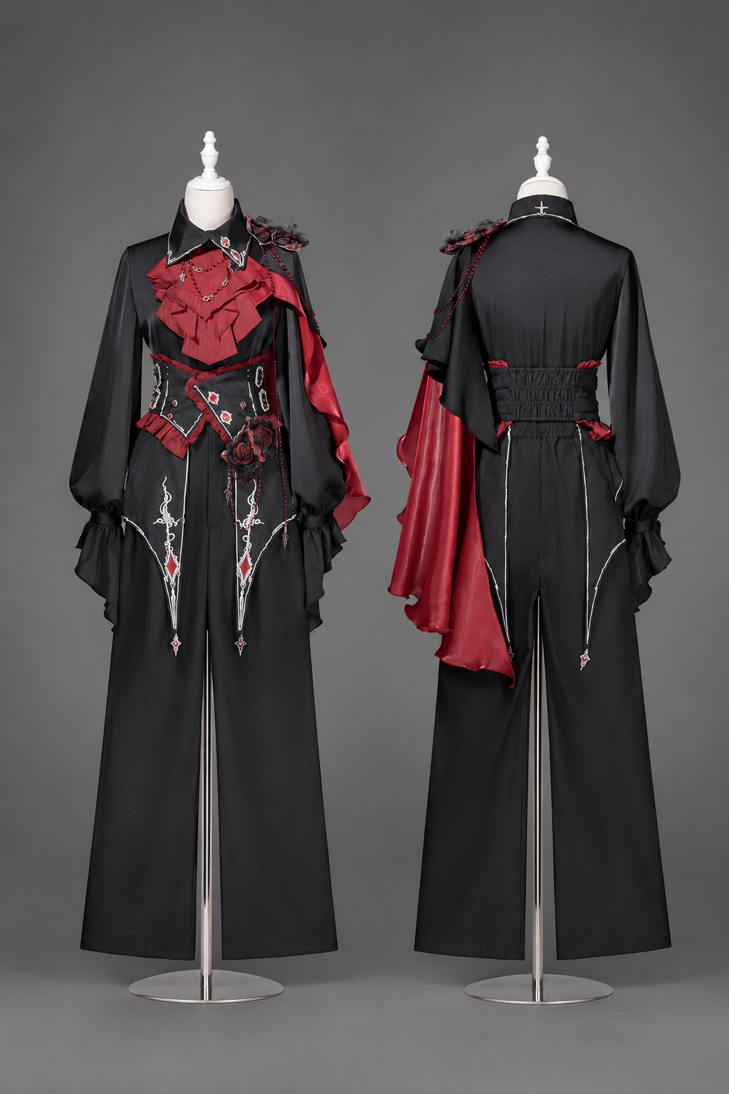 【10月8日予約締切】Ouji Fashion Black Red Gothic Ruffle Prince Lolita Full Set(Jewel Chain Ruffle Jabot Shirt + Rose Accessory Gothic Embroidered Corset Belt + Black Wide-Leg Pants + Rose Beaded One-Shoulder Cape)