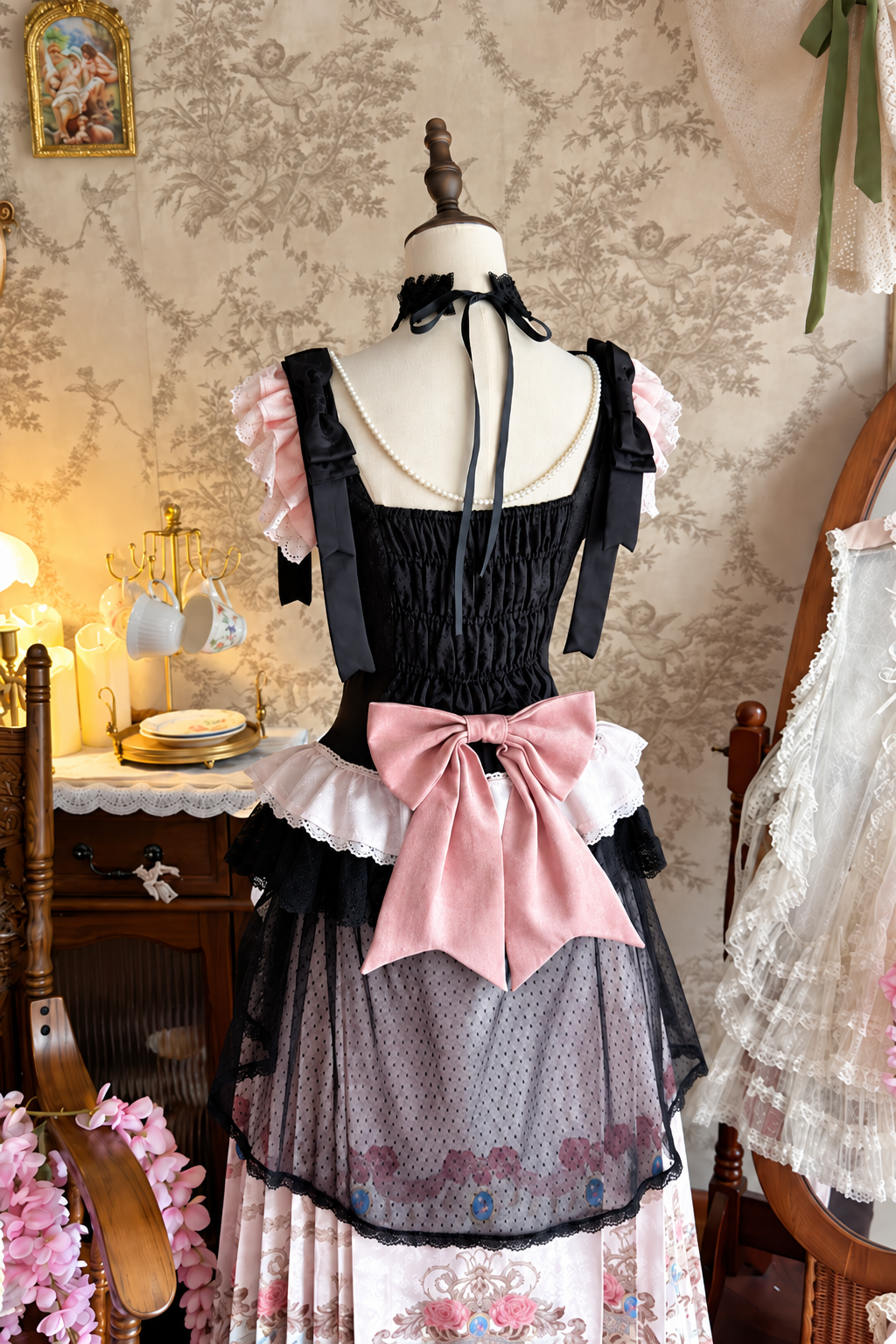 【10月10日予約締切】Black Pink Romantic Rose Castle Classic Lolita Bustier Top Castle Print Pleated Skirt Set-up + Complete Set(Rose Ribbon Lace Hat + Ribbon Hair Clip Included)
