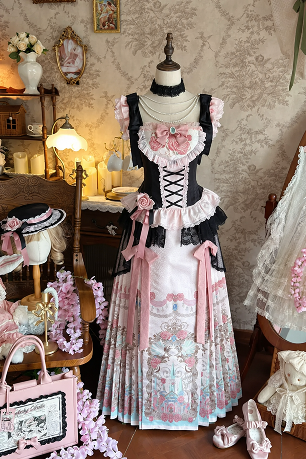 【10月10日予約締切】Black Pink Romantic Rose Castle Classic Lolita Bustier Top Castle Print Pleated Skirt Set-up + Complete Set(Rose Ribbon Lace Hat + Ribbon Hair Clip Included)