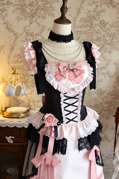 【10月10日予約締切】Black Pink Romantic Rose Castle Classic Lolita Bustier Top( with 3 ribbon accessories)＋ Castle Print Pleated Skirt
