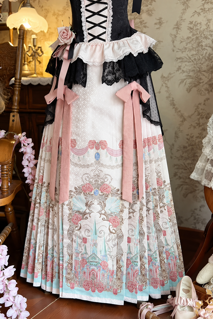 【10月10日予約締切】Black Pink Romantic Rose Castle Classic Lolita Bustier Top( with 3 ribbon accessories)＋ Castle Print Pleated Skirt