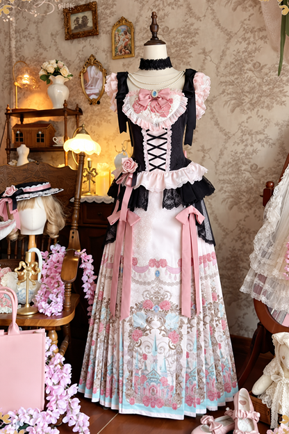 【10月10日予約締切】Black Pink Romantic Rose Castle Classic Lolita Bustier Top( with 3 ribbon accessories)＋ Castle Print Pleated Skirt