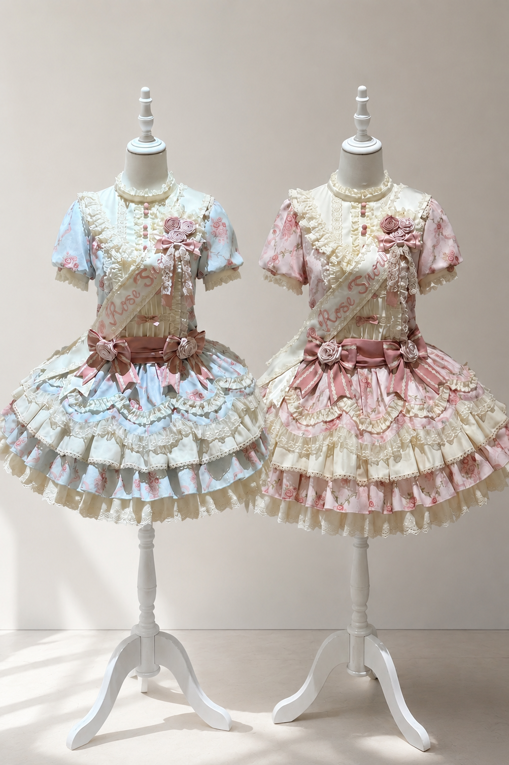 [Reservierungsschluss 7. September] Pink-blaues süßes Lolita-Stufenkleid mit romantischem Rosenprint