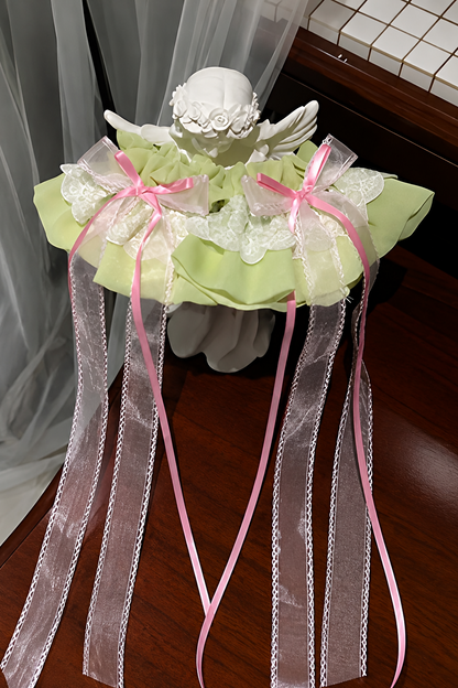 [Clôture des réservations le 10/8] Robe lolita corset à volants en dentelle florale rose x vert doux + ensemble complet (coiffe couronne florale avec voile + manches amovibles)