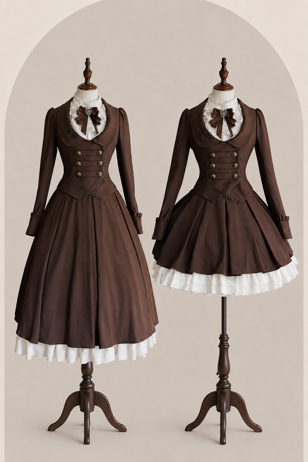 [Vorbestellschluss 919] Klassisch braunes plissiertes Korsett-Bustierkleid mit Rosenstickerei+Rüschenbluse mit Kamee-Schleifen-Spitzenjabot+Jacke mit Spitzenbesatz Set1/2+Komplettset [Kurz/Lang]