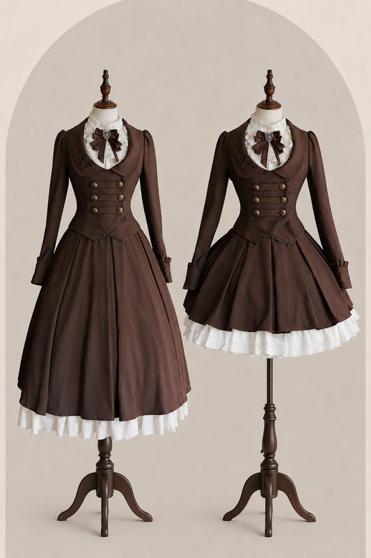[Vorbestellschluss 919] Klassisch braunes plissiertes Korsett-Bustierkleid mit Rosenstickerei+Rüschenbluse mit Kamee-Schleifen-Spitzenjabot+Jacke mit Spitzenbesatz Set1/2+Komplettset [Kurz/Lang]
