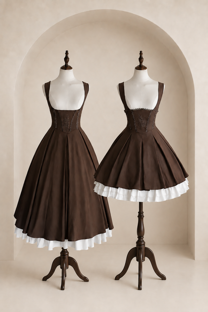 [Date limite de précommande : 9/19] Robe plissée bustier corset marron classique à broderie de roses [courte/longue]
