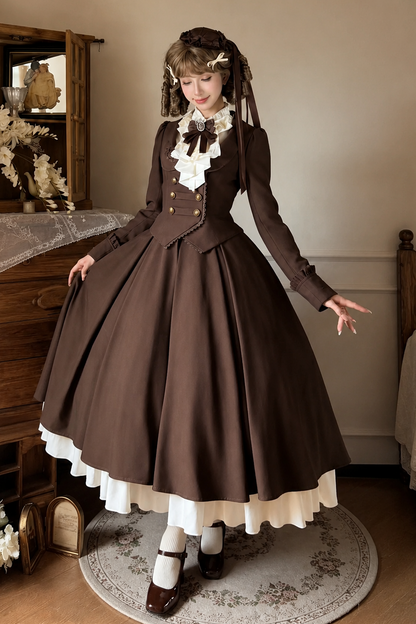 [Date limite de précommande : 9/19] Robe plissée bustier corset marron classique à broderie de roses [courte/longue]