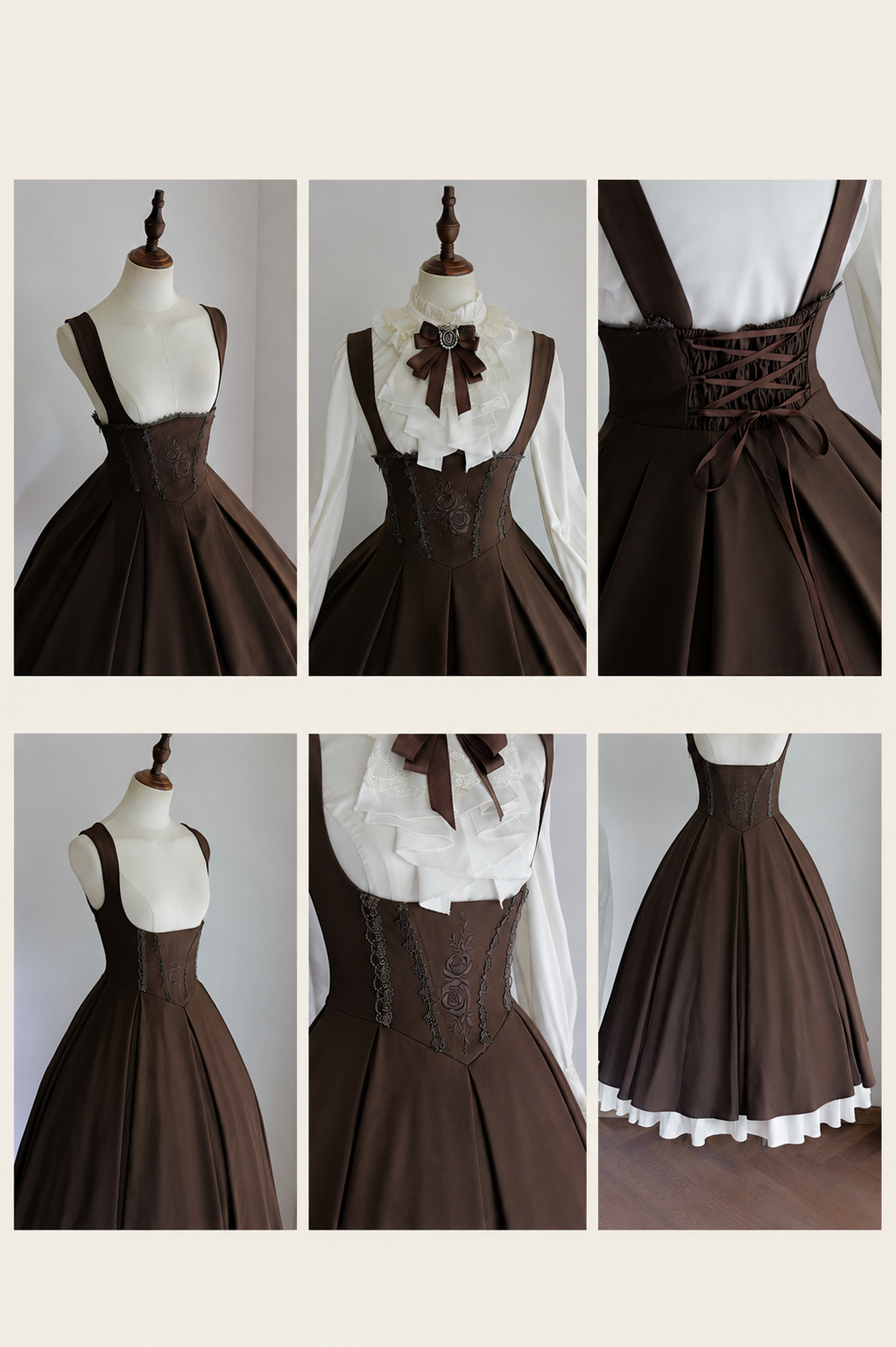 [Date limite de précommande : 9/19] Robe plissée bustier corset marron classique à broderie de roses [courte/longue]