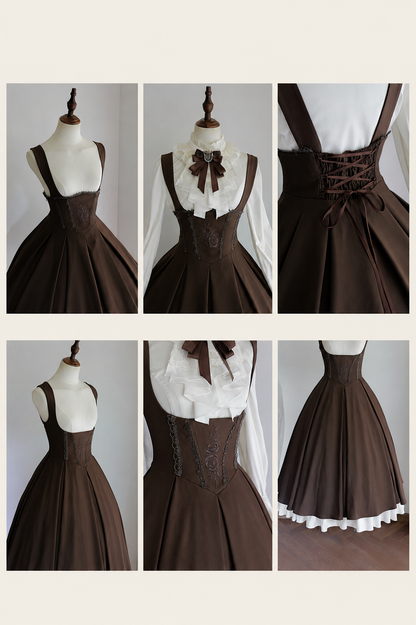 [Date limite de précommande : 9/19] Robe plissée bustier corset marron classique à broderie de roses [courte/longue]
