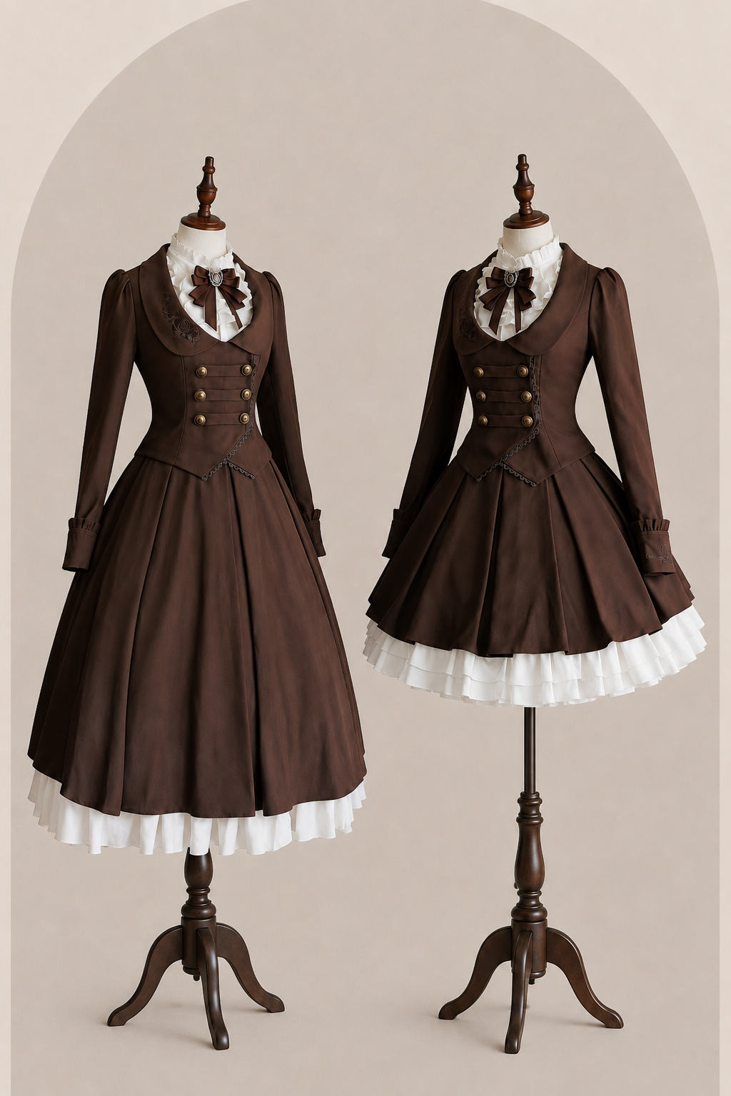 [Vorbestellschluss 919] Klassisch braunes plissiertes Korsett-Bustierkleid mit Rosenstickerei+Rüschenbluse mit Kamee-Schleifen-Spitzenjabot+Jacke mit Spitzenbesatz Set1/2+Komplettset [Kurz/Lang]