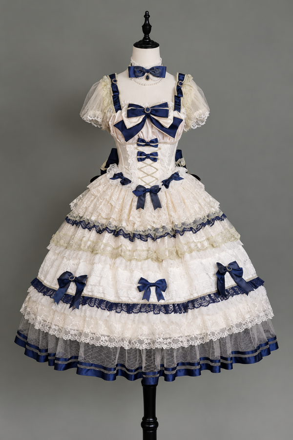 【9月28日予約締切】Elegant Royal White x Blue Classic Princess Lolita Bow Lace Tiered Dress + Full Set (Choker/Veil Hat/Princess Sleeves [Detachable Sleeves] /Ribbon Sash/Back Ribbon Train)