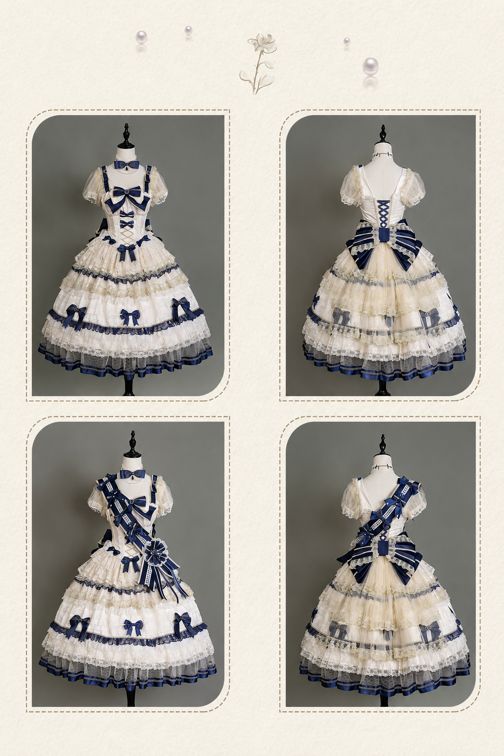 [Date limite de précommande : 9/28] Robe lolita princesse classique élégante royale blanc x bleu à nœud en dentelle et volants + ensemble complet (ras-de-cou/chapeau à voile/manches princesse [manches amovibles] /ceinture ruban/traîne à nœud au dos)
