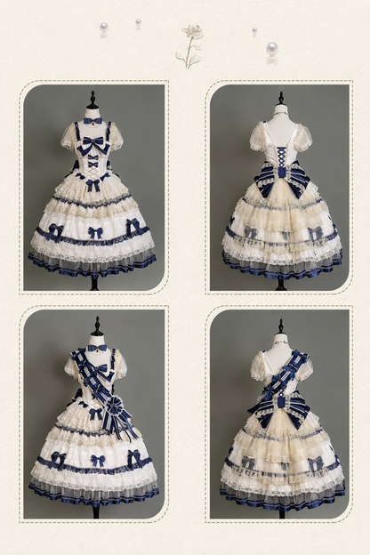 [Date limite de précommande : 9/28] Robe lolita princesse classique élégante royale blanc x bleu à nœud en dentelle et volants + ensemble complet (ras-de-cou/chapeau à voile/manches princesse [manches amovibles] /ceinture ruban/traîne à nœud au dos)