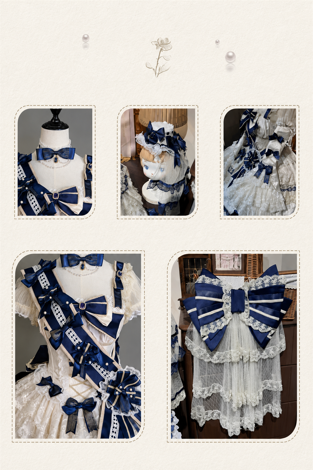 [Date limite de précommande : 9/28] Robe lolita princesse classique élégante royale blanc x bleu à nœud en dentelle et volants + ensemble complet (ras-de-cou/chapeau à voile/manches princesse [manches amovibles] /ceinture ruban/traîne à nœud au dos)