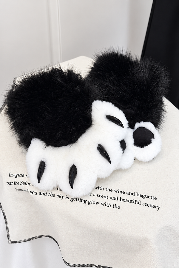 [Pre-order Deadline: September 28] Black Cat Ear Jewel Hat + Black and White Plush Cat Claw Paw Gloves