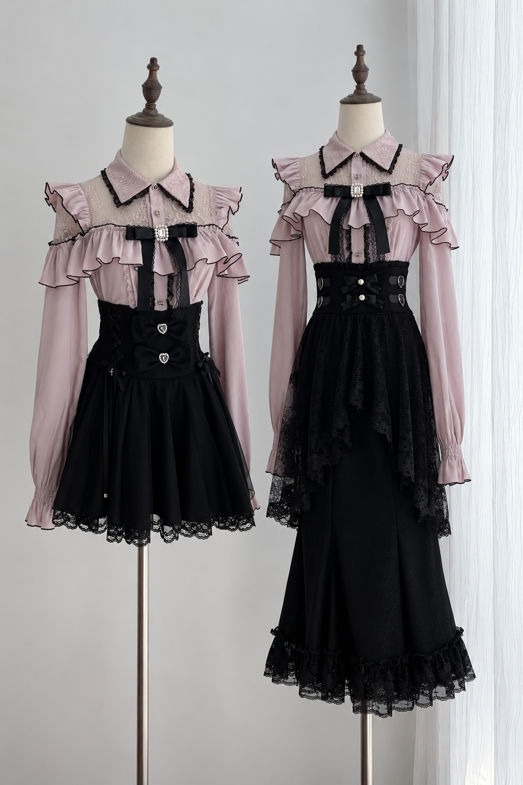 [Termine prenotazione 29 settembre] Blusa rosa in pizzo trasparente con volant e fiocco gioiello + gonna a sirena in tulle a strati + minigonna in pizzo con fiocco gioiello