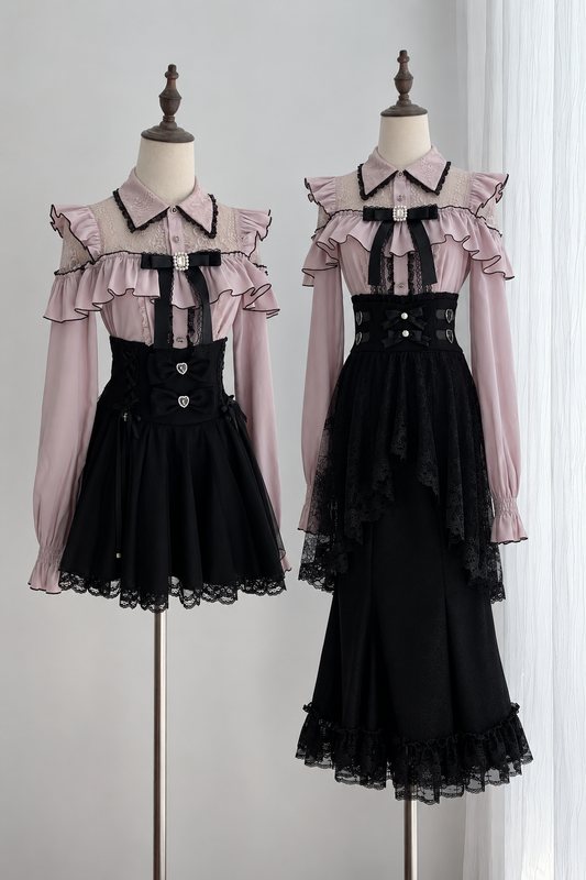 【9月29日予約締切】Pink Sheer Lace Ruffle Blouse With Jewel Ribbon + Tulle Layered Mermaid Skirt + Jewel Ribbon Lace Mini Skirt