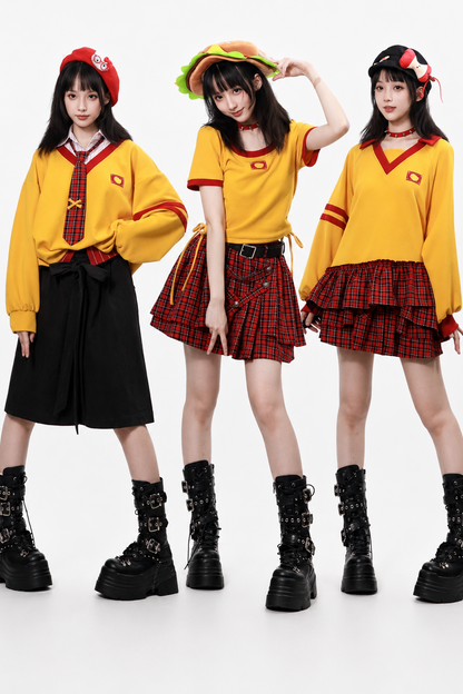 Rot-gelbes Kontrast-T-Shirt mit Hose und Rock als Set