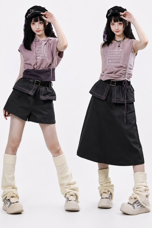 Gray-Purple T-Shirt With Skirt and Pants Set-Up