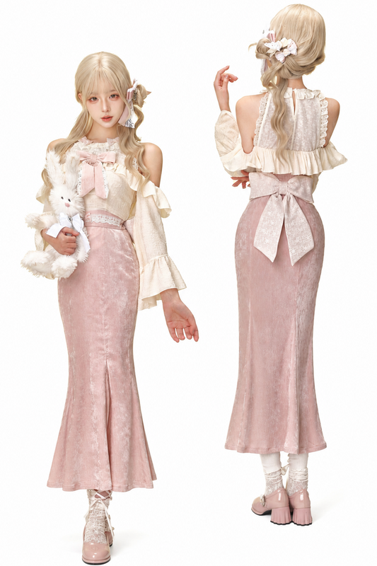Velvet Off-Shoulder Top and Pink Bodycon Long Skirt Set-Up