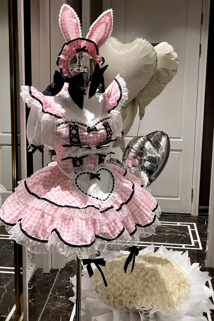 うさみみピンクギンガムメイドドレス