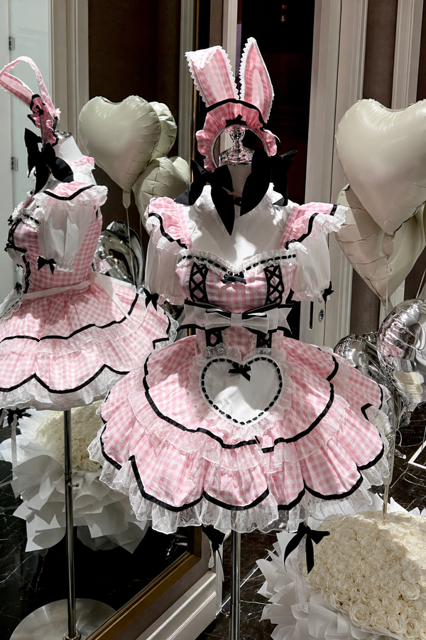 うさみみピンクギンガムメイドドレス