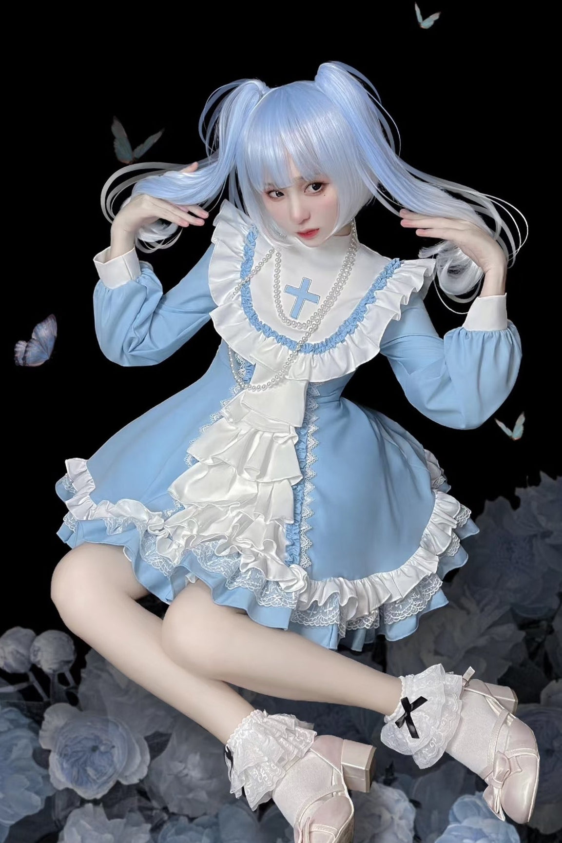 【Angelic Aesthetic👼】Stand Collar Cross Angel Tiered Ribbon Dress