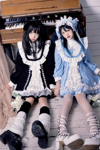 【Angelic Aesthetic👼】Stand Collar Cross Angel Tiered Ribbon Dress