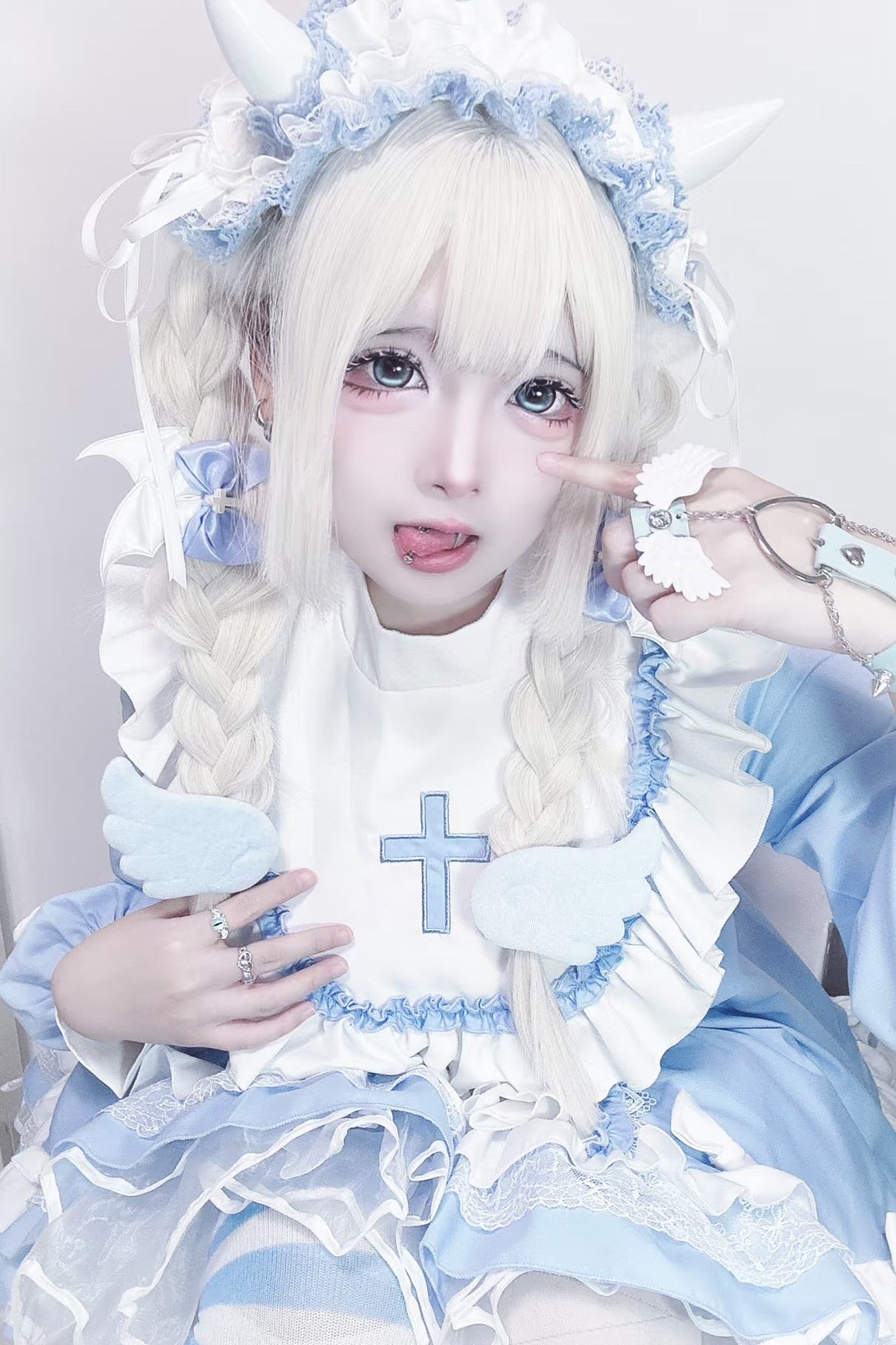 【Angelic Aesthetic👼】Stand Collar Cross Angel Tiered Ribbon Dress