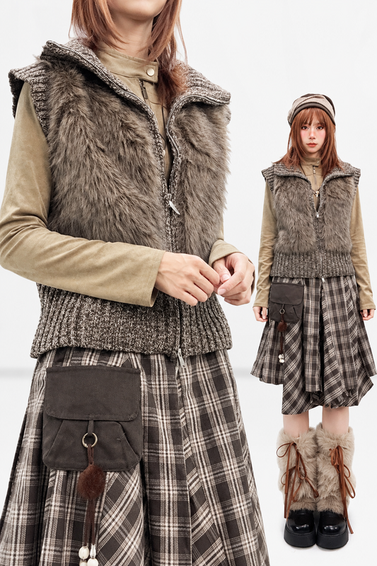 Brown Fuzzy High-Neck Cardigan
