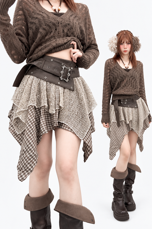 Brown Plaid PU Leather Skirt