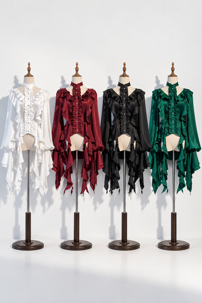[November 9 Preorder Deadline] Victorian Gothic Lolita Halter-Neck Blouse with Flared Sleeves, an Asymmetrical Frill, and a Train