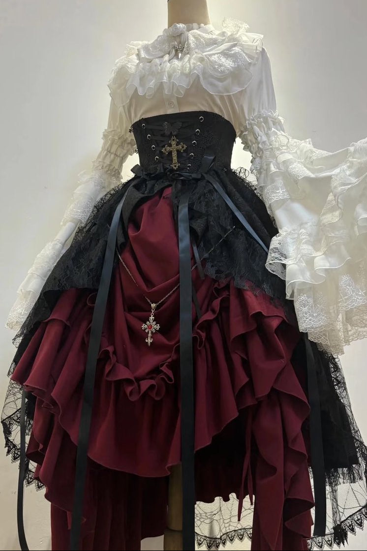 ゴシックスーパーゴージャスジスリーブロリータシャツ+フリルスカート+ハット