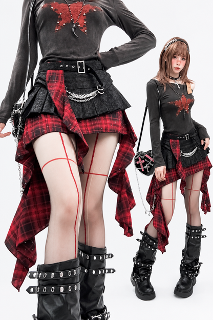 Y2K Red Plaid Irregular Skirt