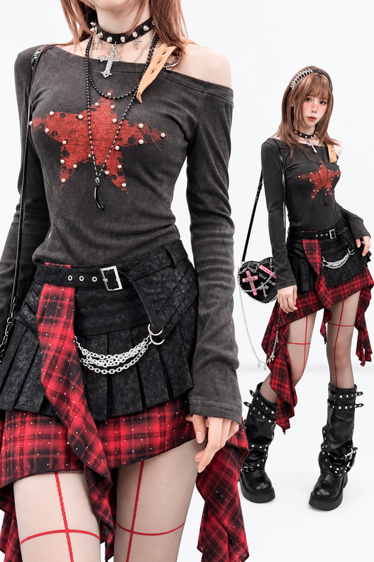 Off-Shoulder Long Sleeve Star T-Shirt
