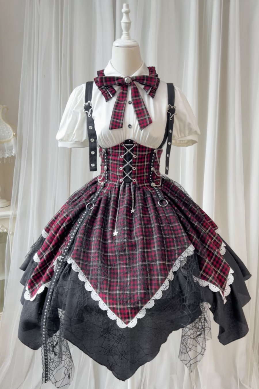 Gothic-Schulidol-Lolita-Trägerrock + Hemd + Ärmel