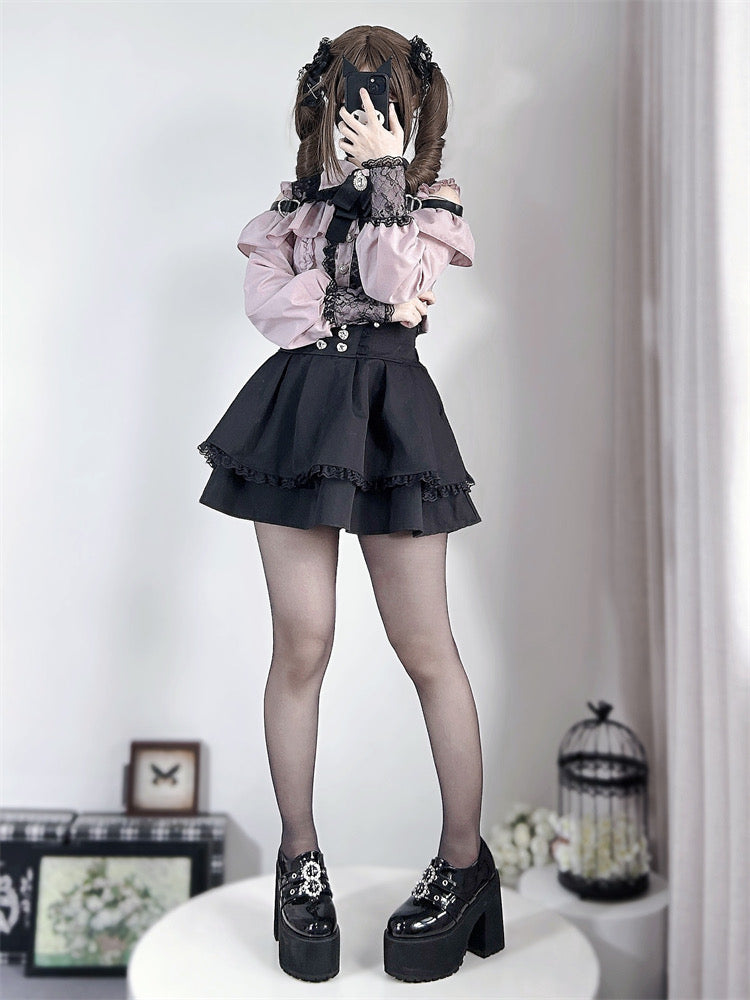 [Reservation deadline on September 28] Jewel Ribbon Open Shoulder Punk Shirt + Skirt