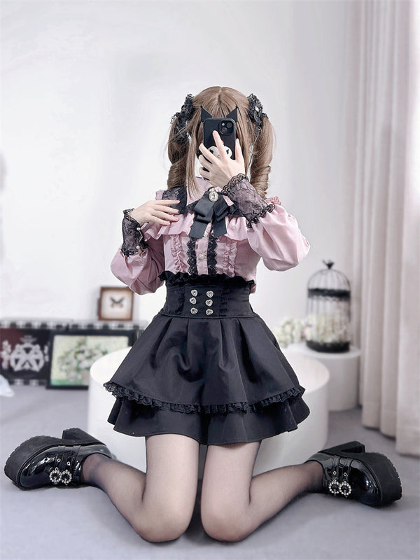 [Order Deadline: February 25] Jewel Ribbon Open Shoulder Punk Shirt + Skirt