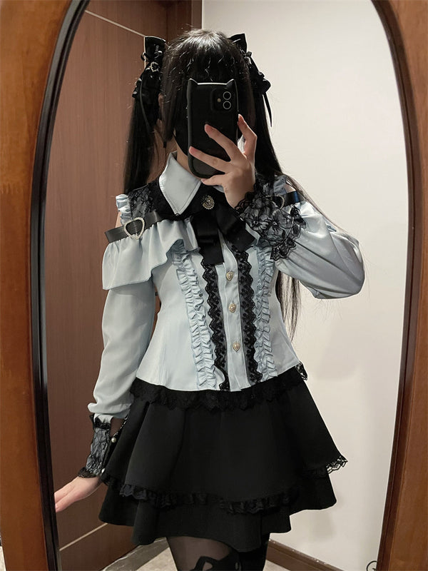 [Order Deadline: February 25] Jewel Ribbon Open Shoulder Punk Shirt + Skirt