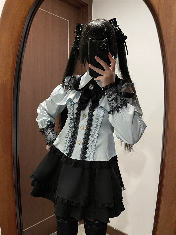 [Reservation deadline on September 28] Jewel Ribbon Open Shoulder Punk Shirt + Skirt