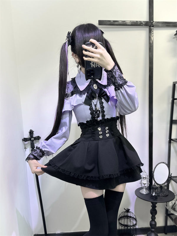 [Order Deadline: February 25] Jewel Ribbon Open Shoulder Punk Shirt + Skirt