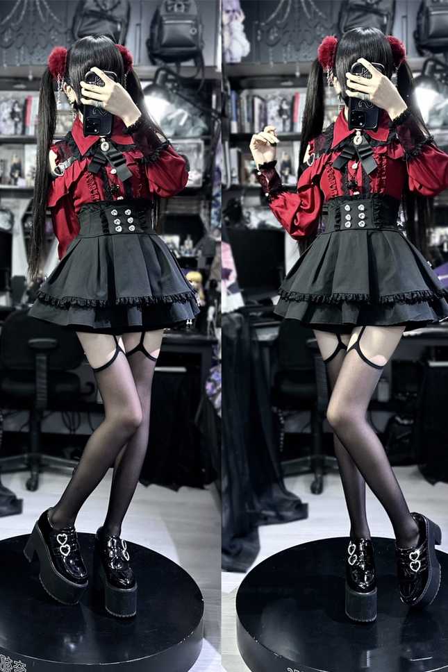 [Reservation deadline on September 28] Jewel Ribbon Open Shoulder Punk Shirt + Skirt