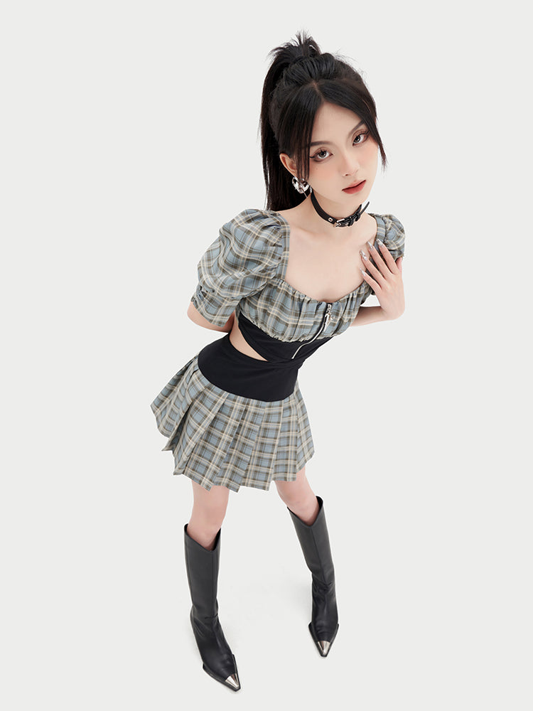 Cool Spicy Square Neck Split Check Dress