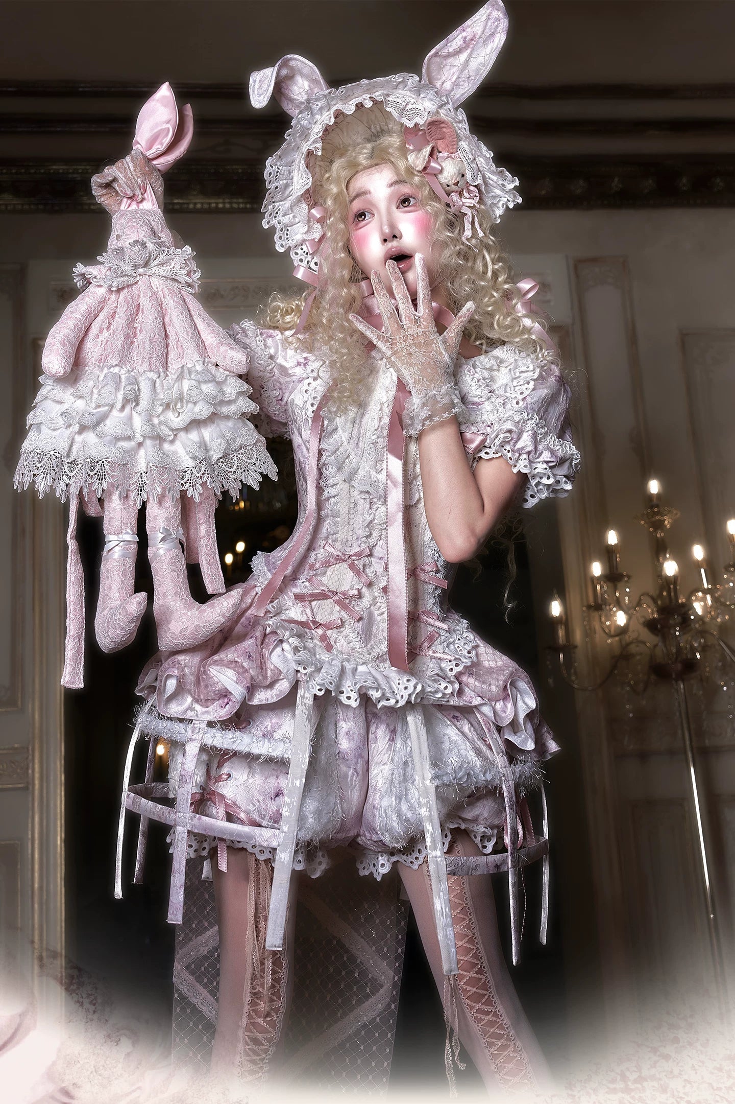 [Date limite de précommande : 6 octobre] Pink Castle Bunny ensemble poupée romantique avec haut corset à manches bouffantes en dentelle + short + surjupe à volants + surjupe cage à oiseaux Set 1/2/3